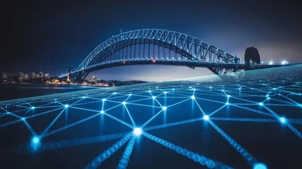 Gordijnen Sydney Harbour Bridge Integrated in a Digital Network, Concept of Smart City Infrastructure © Ilja
