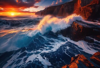 striking visuals dynamic waves captured vibrant colors depicting majesty fluid motion, ocean, water, sea, surf, ripple, texture, light, horizon, spray