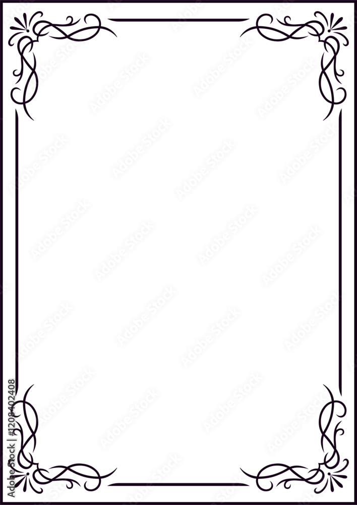 Poster rectangular frame adorned with elegant floral swirls in each corner, adding a sophisticated touch pe