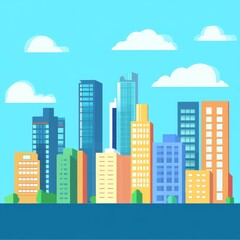 Obraz premium Illustration in Flat Style, City, Simple Lines and Shapes, Blue Sky, Simple, Colorful, Vector Art, Graphic Design, Simple Shapes, Natural Light, High Resolution, High Quality, High Detail, High Defini