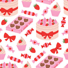 Seamless pattern with cute sweets on white background. Romantic desserts. Valentines day print with cakes, cupcakes, candies and strawberries. Vector flat illustration for wallpaper, packaging