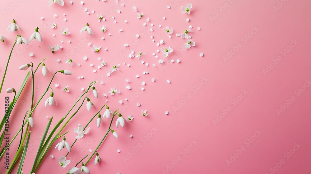 Poster fresh snowdrops on pink background with space for text and design