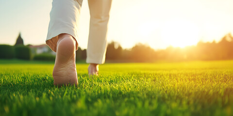 Barefoot walk on lush green grass at sunset. Feeling the freedom and peace of nature.