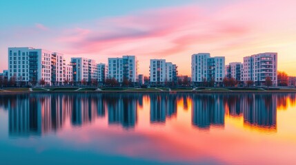 Obraz premium A serene lakeside view of modern buildings reflecting on water under a colorful sunset sky.