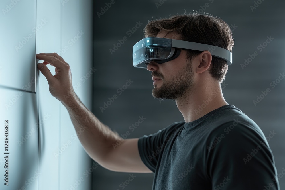 Poster man wearing a vr headset interacts with a virtual interface, seemingly touching a digital element on