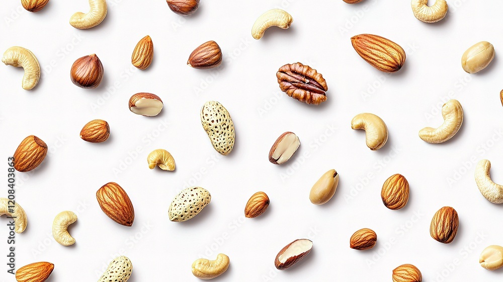 Poster assorted mixed nuts isolated on white background for culinary use