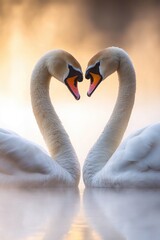 Fototapeta premium Two white swans forming a heart shape with their necks in a serene environment