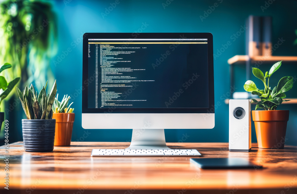 Poster modern workspace with desktop and code displayed on screen for web task management