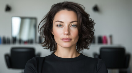 Portrait of a woman standing in a beauty salon.