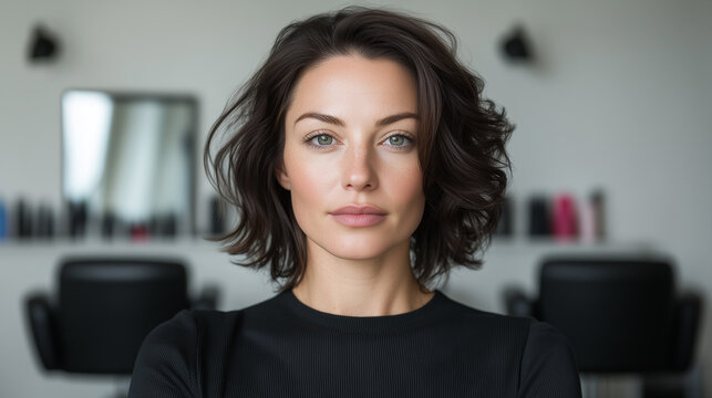 Portrait of a woman standing in a beauty salon.