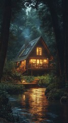 Fototapeta premium A minimalist wooden cabin nestled in a forest with eco-friendly design features like rainwater collection systems and solar panels, atmospheric lighting