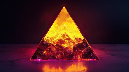 A dual-layered glowing crystal pyramid infused with fragmented organic designs