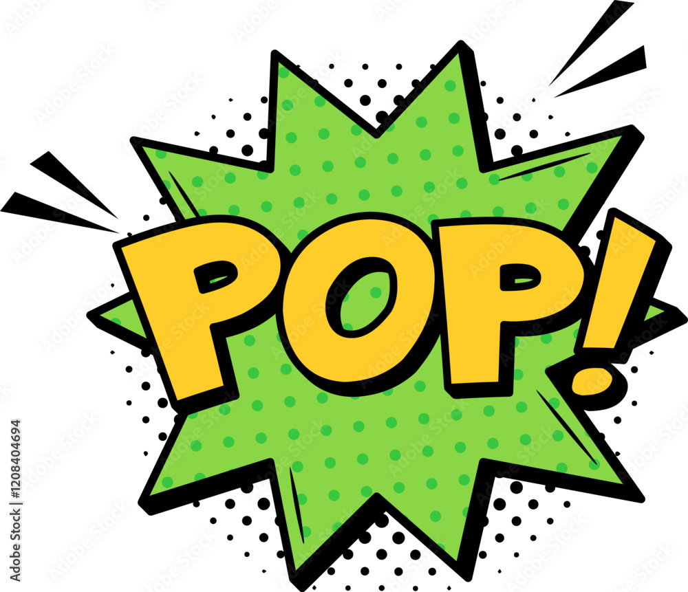 Poster green star adorned with halftone dots and the vibrant yellow word pop bursting forth with dynamic sp