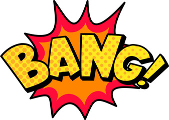 Vibrant yellow bang explosion text bursting with halftone dots emerges from a striking red and orange starburst, outlined in black, set against a clean white background