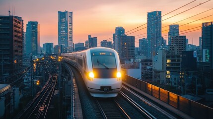 A sleek train travels along elevated tracks against a vibrant sunset backdrop, with a bustling city skyline in the foreground.