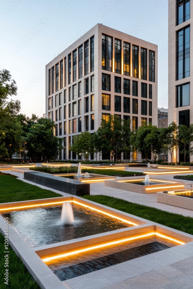 Poster a modern building with sleek architecture surrounded by landscaped gardens and illuminated water fea