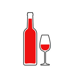 Red wine minimalist vector illustration. Stylized wine bottle and glass with black outline on beige background.