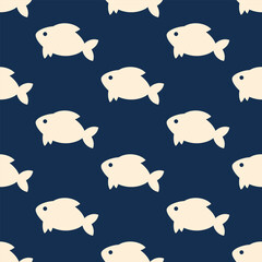 Fishes simple vector seamless pattern. Ivory minimalist stylized drawings on dark blue background.