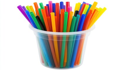 Fototapeta premium Colorful straws in plastic cup, white background, craft supply