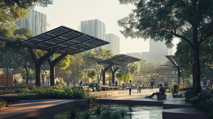 A public plaza with people relaxing under modern solar-panel canopies, surrounded by greenery and water features, urban eco-design