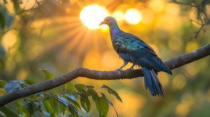 Obraz premium The image of a Nicobar pigeon standing on a tree branch with the sun in the background embodies a beautiful, peaceful moment in nature. 