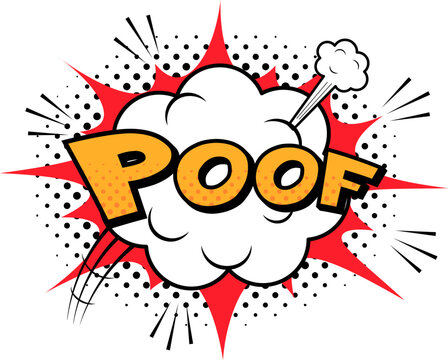 Comic sound effect poof featuring an explosion, swirling smoke, and halftone dots, enhancing comic strips, print materials, and web design projects with a playful vibe