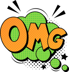 Colorful pop art expression bursting from a vibrant green cloud, featuring halftone dots and stars, vividly capturing feelings of surprise and excitement in a playful, comic style