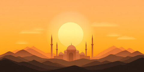 Obraz premium Sunset over a mosque in a mountainous landscape. Warm, peaceful tones dominate the scene, creating a serene and spiritual atmosphere.