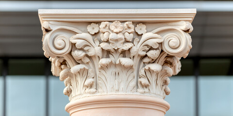 Naklejka premium Intricate details of a classical column capital, showcasing ornate carvings and swirling volutes. A testament to architectural artistry.