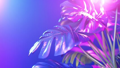 Neon-lit Monstera leaves, vibrant background, studio shot, design element