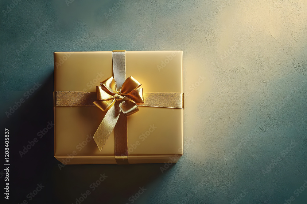 Poster minimalistic single gift box wrapped in gold paper and tied with satin ribbon placed on smooth backg