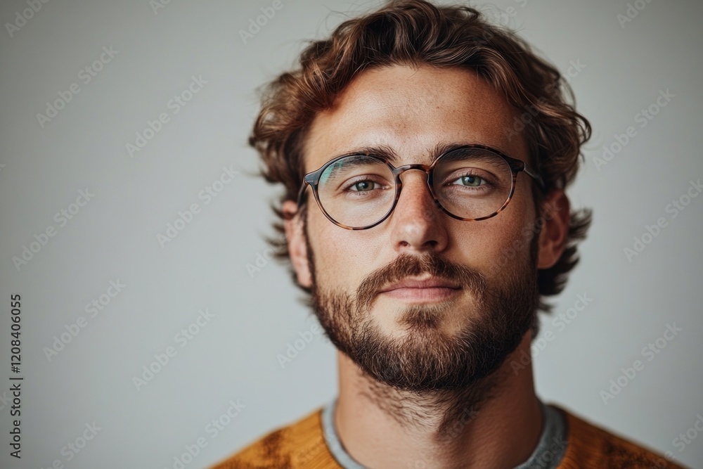 Poster close-up portrait of a man with glasses and a beard, suitable for use in editorial or commercial con