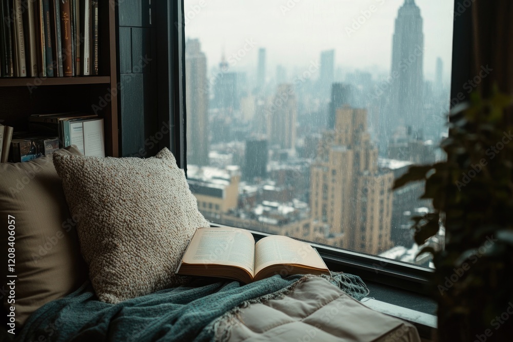 Poster a book sits on the bedside table next to an open window, perfect for a relaxing read before sleep