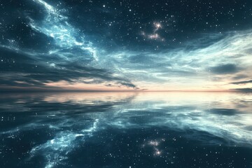 Stunning twilight sky reflecting on calm ocean water in serene landscape