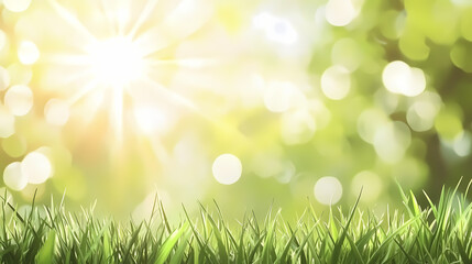 Obraz premium A picturesque springtime view of green grass glistening under radiant sun rays, with a smooth, blurred background providing ample copy space. Radiant Sun. Illustration