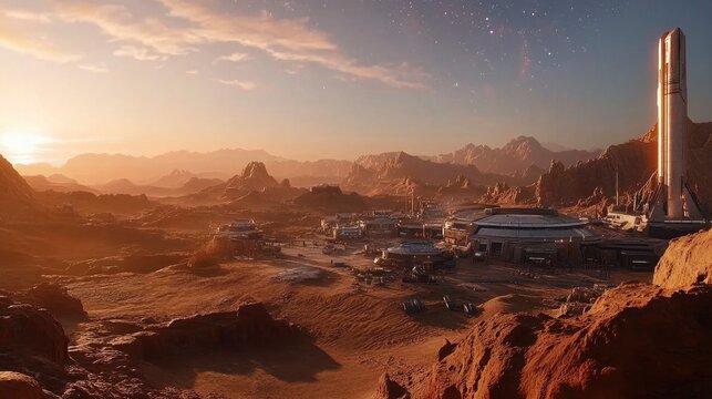 An exo planet base with modern facilities under a beautiful star-filled sky, sharp details, high quality