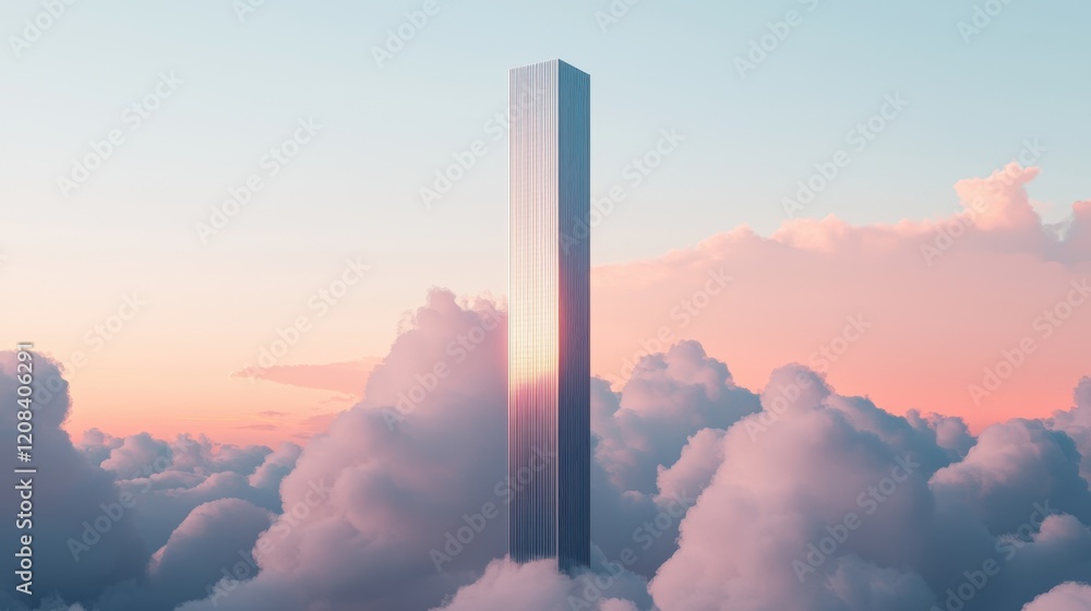 Poster a towering structure rises above soft clouds, reflecting pastel colors of the sky, creating a serene