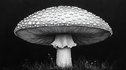 Monochrome close-up of a large mushroom with dew drops on its cap against a black background.