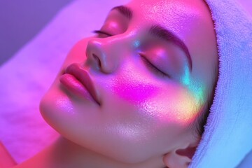Woman enjoys a glowing facial treatment under colorful lighting in a spa setting