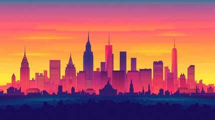 Obraz premium A vibrant city skyline silhouette at sunset, featuring various skyscrapers against a colorful gradient sky.