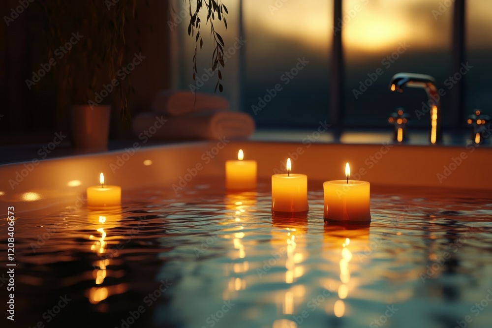 Poster relaxing evening bath with floating candles creating a tranquil atmosphere