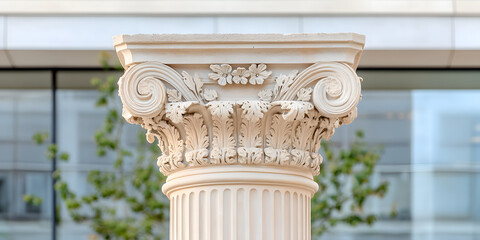 Obraz premium Ornate column capital detail against a modern building backdrop. Classical architecture meets contemporary design.