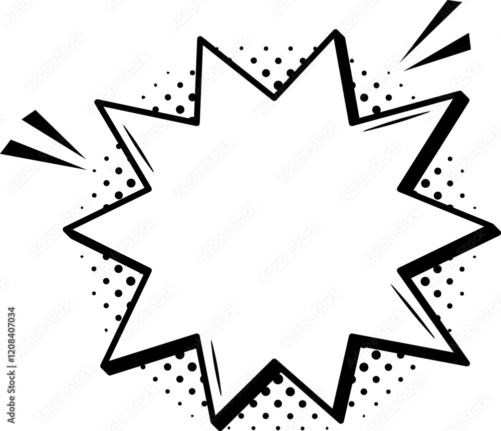 Fototapete jagged star shaped black and white empty speech bubble is exploding with halftone effect, ideal for 