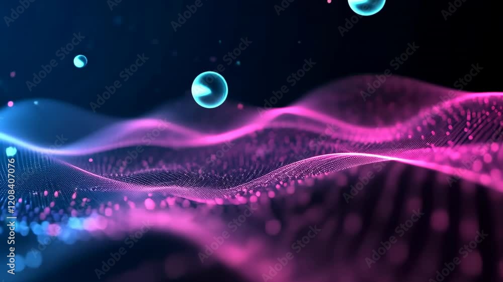 Poster Video with a mesmerizing journey through an abstract digital art piece, showcasing dynamic waves of glowing pink and blue lights against a dark blue backdrop. 
