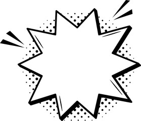 Jagged star shaped black and white empty speech bubble is exploding with halftone effect, ideal for adding text in comics or graphic novels