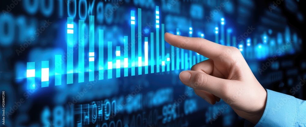 Poster digital interface with hand interacting with data visualizations.