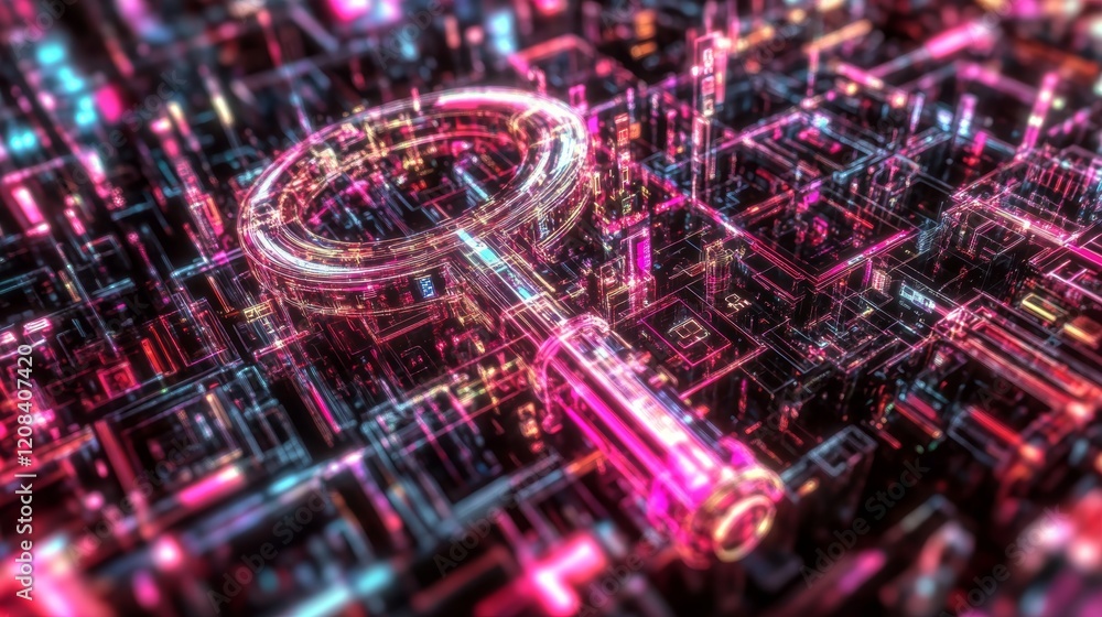 Aufkleber digital nft key represented in 3d with vibrant holographic patterns and neon accents in an abstract 