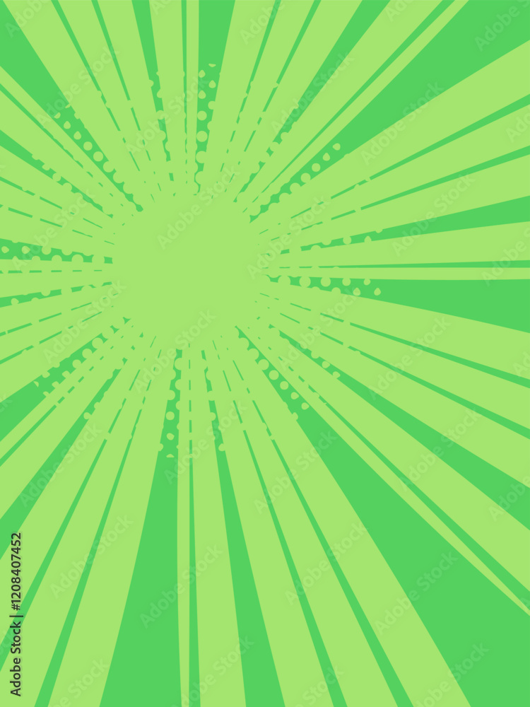 Poster green sunburst background features halftone dots and radial lines emanating from a central point, cr