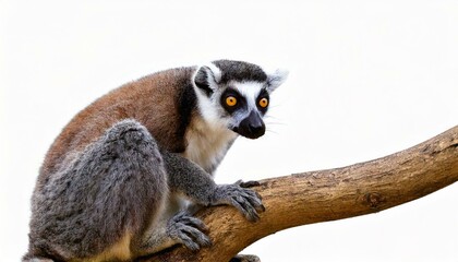 Naklejka premium lemur on tree, isolated white background, copy space