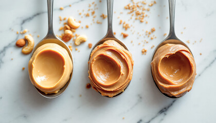 Gourmet nut butters on silver spoons: Almond, sunflower, and maple cashew butter served on a white marble surface, perfect for modern kitchens and healthy, homemade spreads